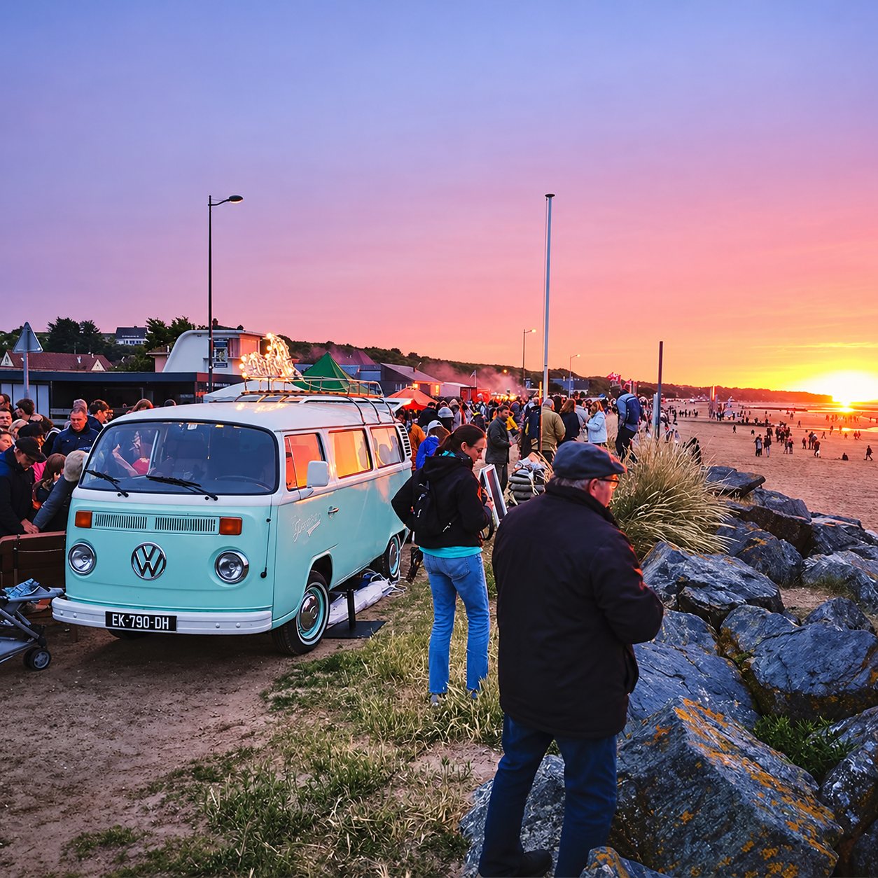 Un combi Volkswagen bleu clair garé près d'une plage, entouré d'une foule, au coucher du soleil rose et orangé.